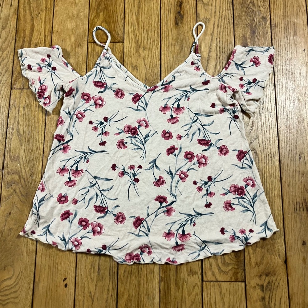 American Eagle Soft & Sexy‎ Crepe Floral Cold Shoulder Top Pink Cream Small - Picture 2 of 3